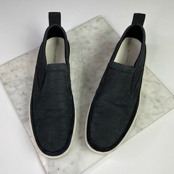 Via Spiga Black Slip On Sneakers Leather Embossed Croc Flatform Size 8 $225 - Picture 2 of 9